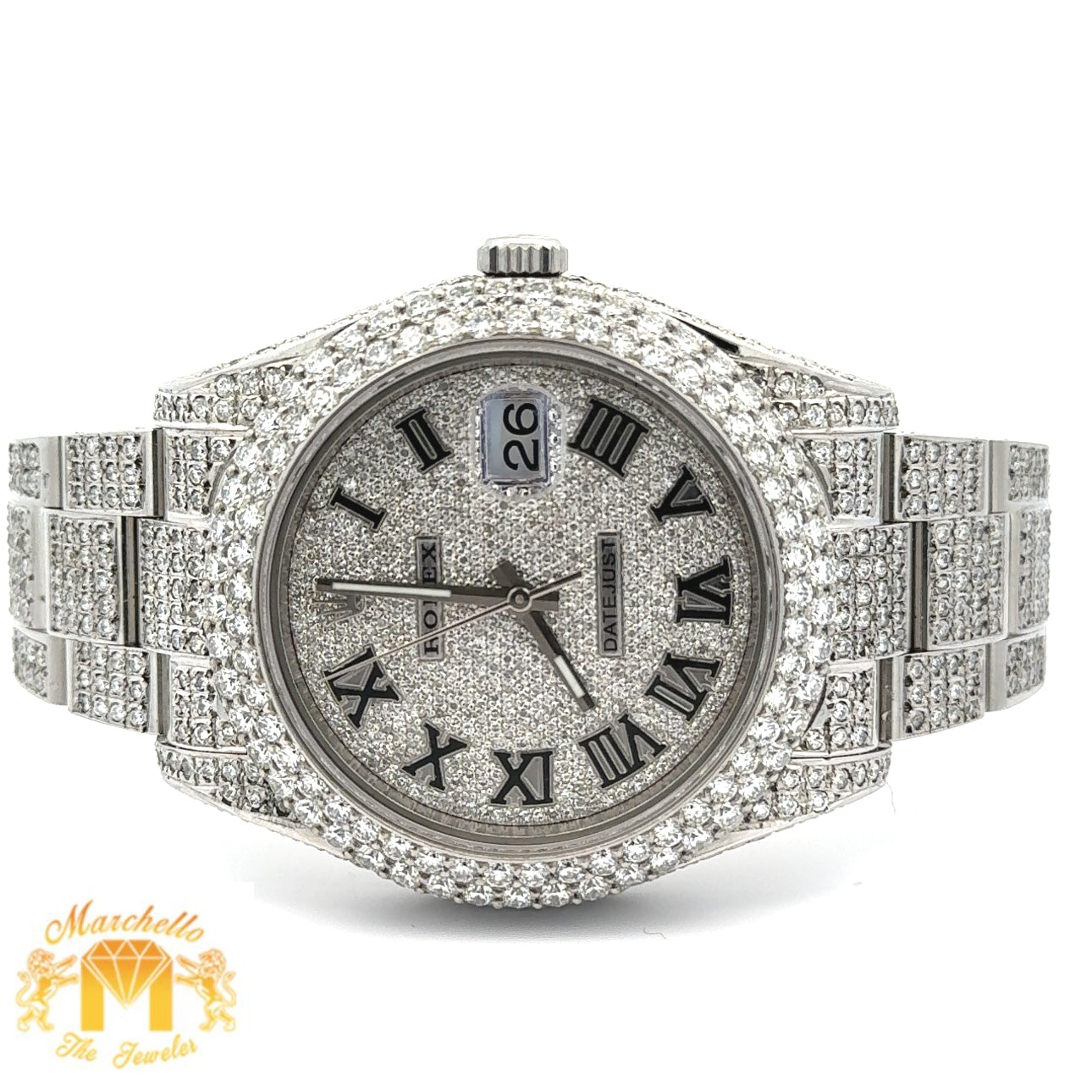Model: 116334 41mm Iced out Rolex Datejust 2 Oyster Band + Gold and Diamond Twin Square Bracelet + 14k Gold and Diamond Ring + Gold and Diamond Earrings + Gift from MTJ