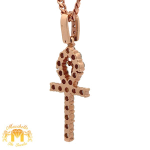 14k Gold and Diamond Ankh Pendant with Round Diamonds and Gold Cuban Link Chain (choose your color)