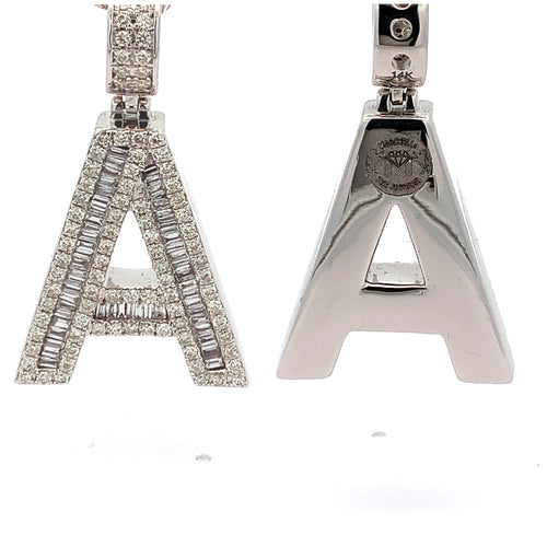 14k White Gold Large Initial Pendant with Baguette and Round Diamonds ( A to Z )