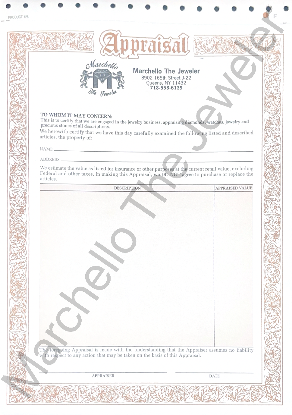 Gemologist Certified Appraisal Paper (For Insurance Per Item)