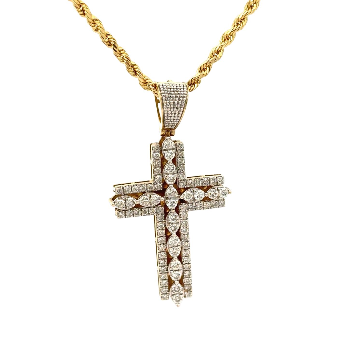 14k Yellow Gold and Diamond Cross Pendant and Yellow Gold rope Chain Set