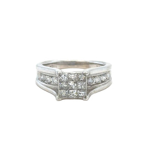 14k Yellow Gold & Multi-stone cluster diamond Ring with channel-set accent diamonds.