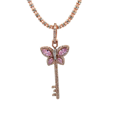 Rose Gold and Diamond Butterfly & Key Pendant and Rose Gold Ice link chain or Tennis Chain (choose your style)