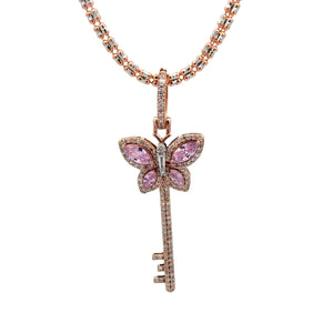 Rose Gold and Diamond Butterfly & Key Pendant and Rose Gold Ice link chain or Tennis Chain (choose your style)