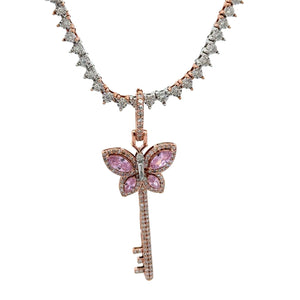 Rose Gold and Diamond Butterfly & Key Pendant and Rose Gold Ice link chain or Tennis Chain (choose your style)