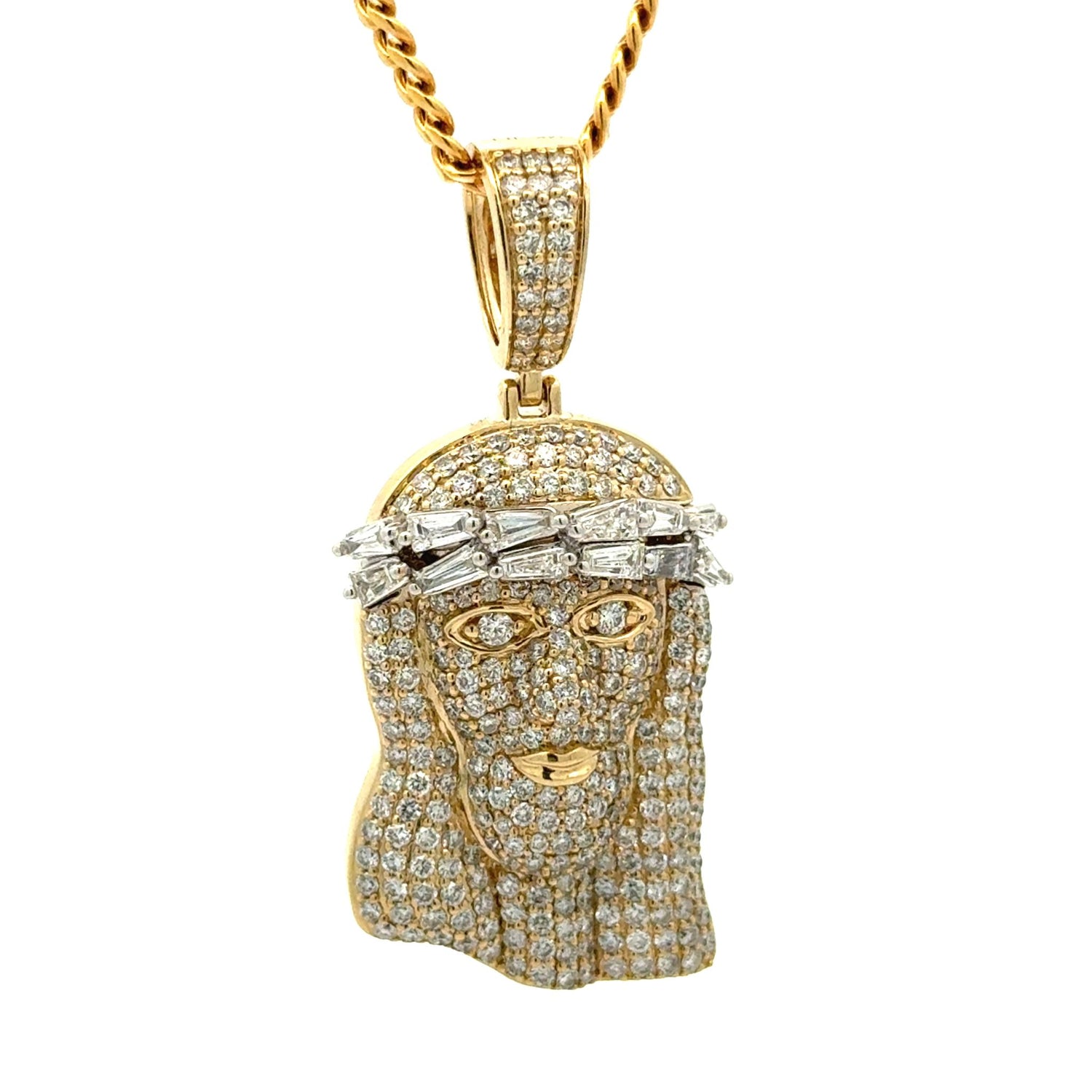 14k yellow gold and diamond Jesus Head Pendant and Cuban or Tennis chain (choose your style)