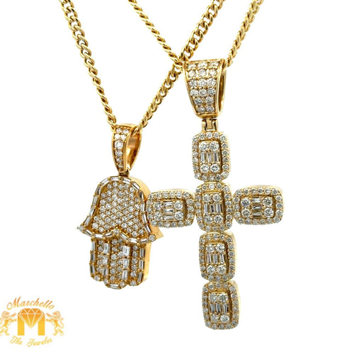 14k yellow gold and diamond Cross Pendant and Hamsa Pendant + Yellow Gold 2 Chains