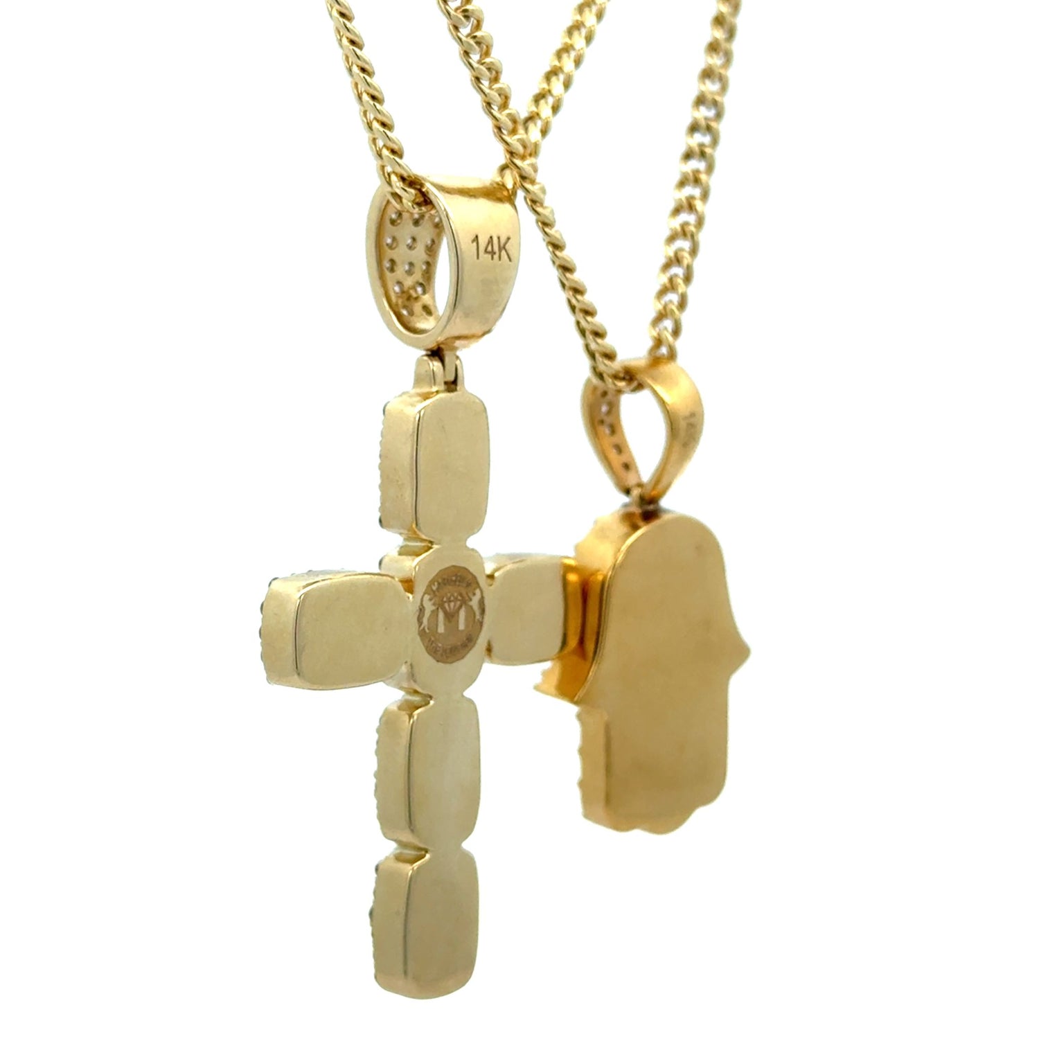 14k yellow gold and diamond Cross Pendant and Hamsa Pendant + Yellow Gold 2 Chains