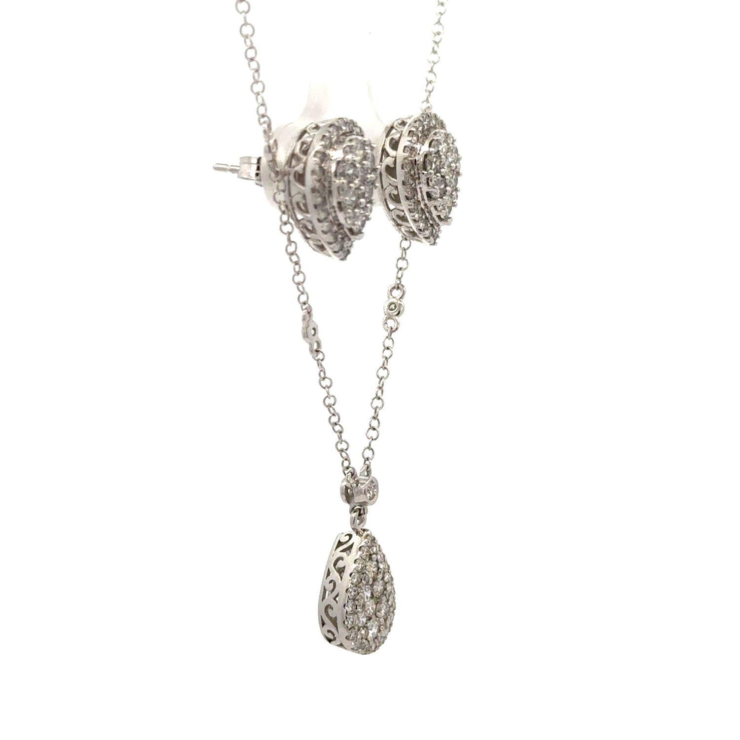 14k white gold and diamond Pear shape Necklace and 10k gold and diamond Pear shape Earrings