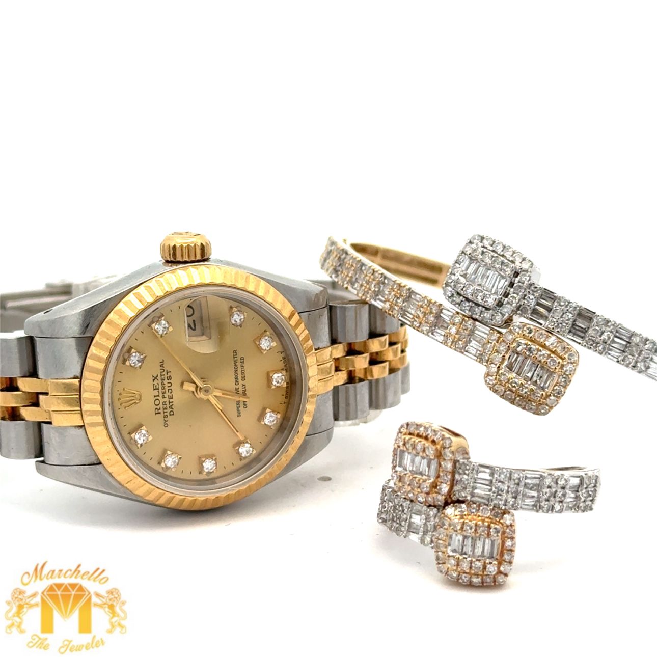 26mm Rolex Watch with two-tone jubilee band + Two-tone gold and Diamond Twin Square Bangle + Ring