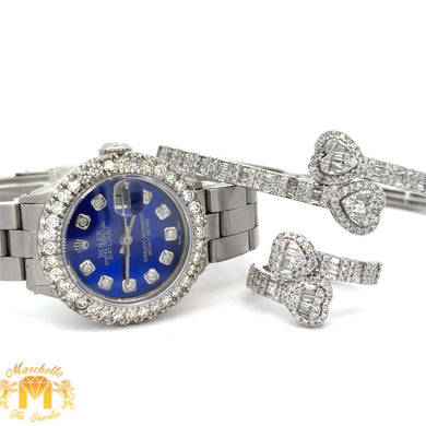 26mm Rolex Watch with stainless steel oyster band + White gold and Diamond Twin Heart Bangle + Ring