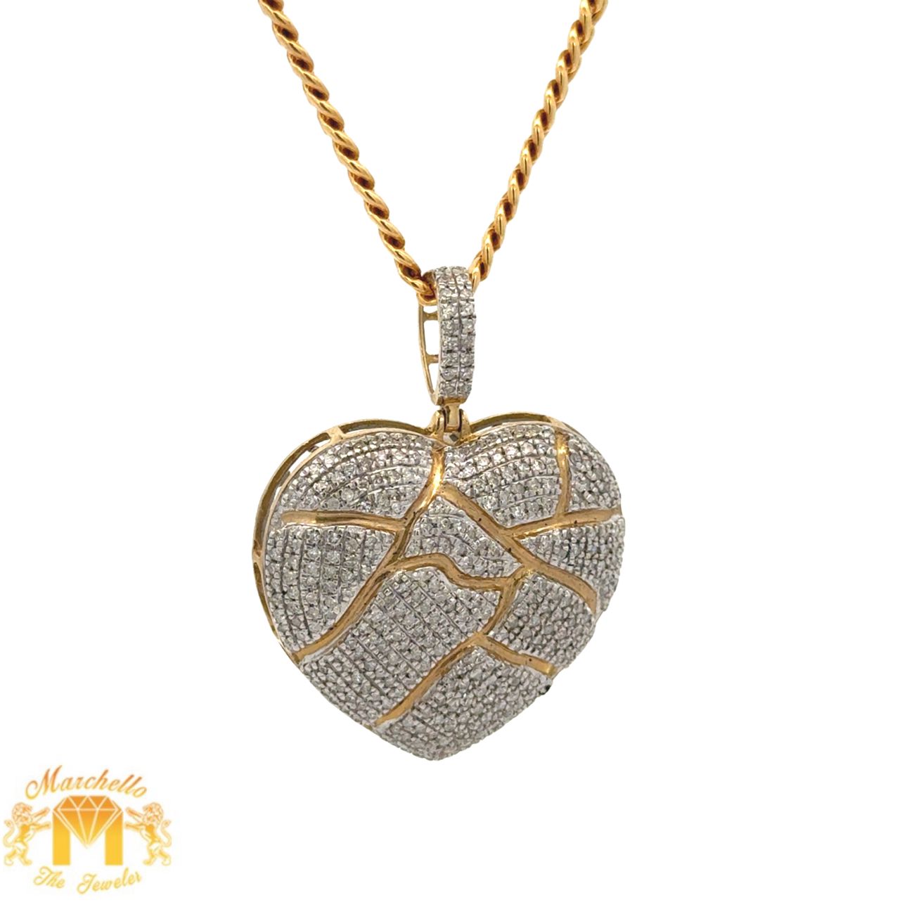 Yellow Gold and Diamond Heart Pendant and Yellow Gold Cuban Chain (VALENTINE`S DAY SPECIAL)