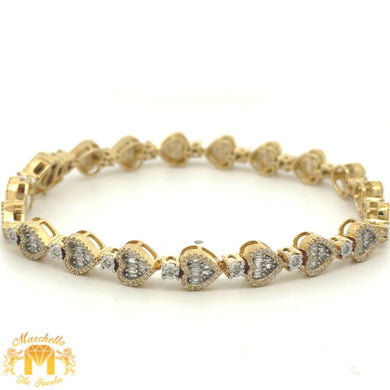 Gold and Diamond Heart & Flower shaped Fancy Link Bracelet with Baguette and Round Diamonds