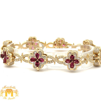 14k yellow gold and diamond Flower Bracelet with pink stones