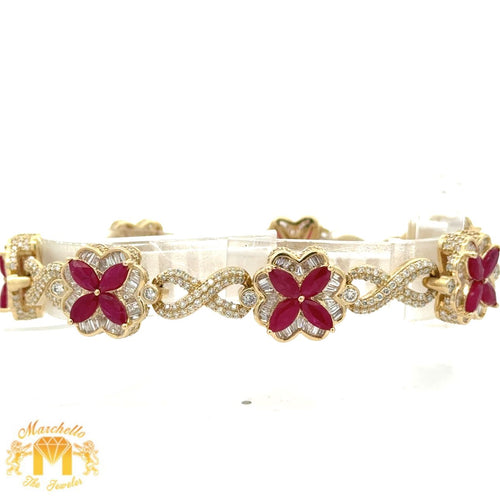 14k yellow gold and diamond Flower Bracelet with pink stones