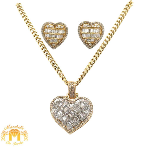 Yellow Gold and Diamond Heart Pendant and Gold Cuban Chain + 14k yellow gold and diamond Heart Earrings