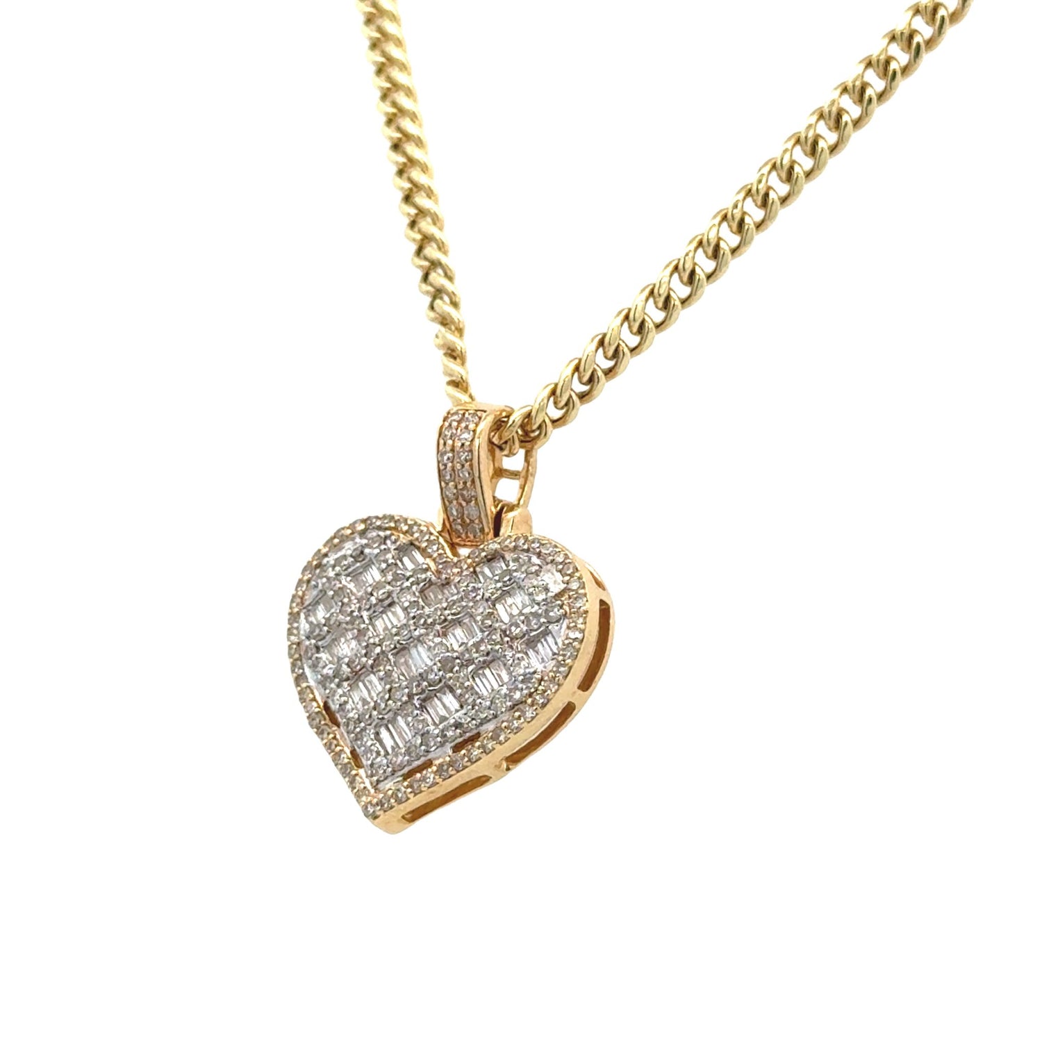 Yellow Gold and Diamond Heart Pendant and Gold Cuban Chain + 14k yellow gold and diamond Heart Earrings