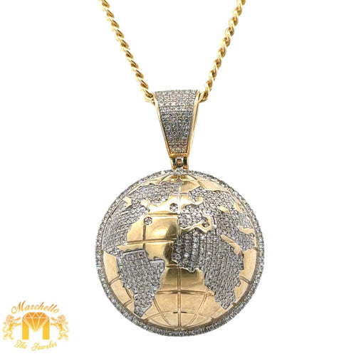 Yellow Gold and Diamond Globe Pendant and Yellow gold Cuban Chain