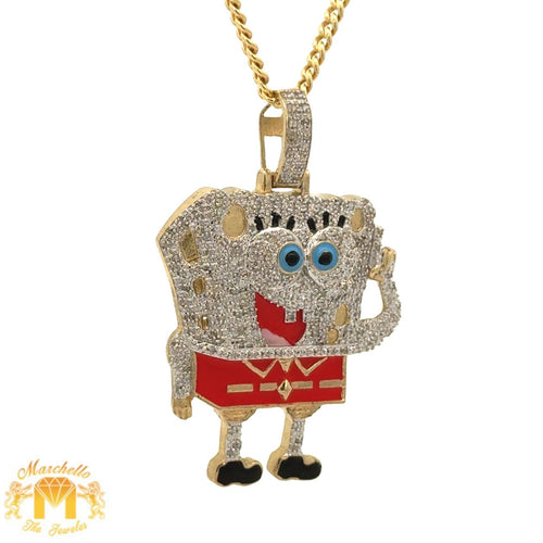 Yellow Gold and Diamond SpongeBob SquarePants Pendant and Yellow gold Cuban Chain