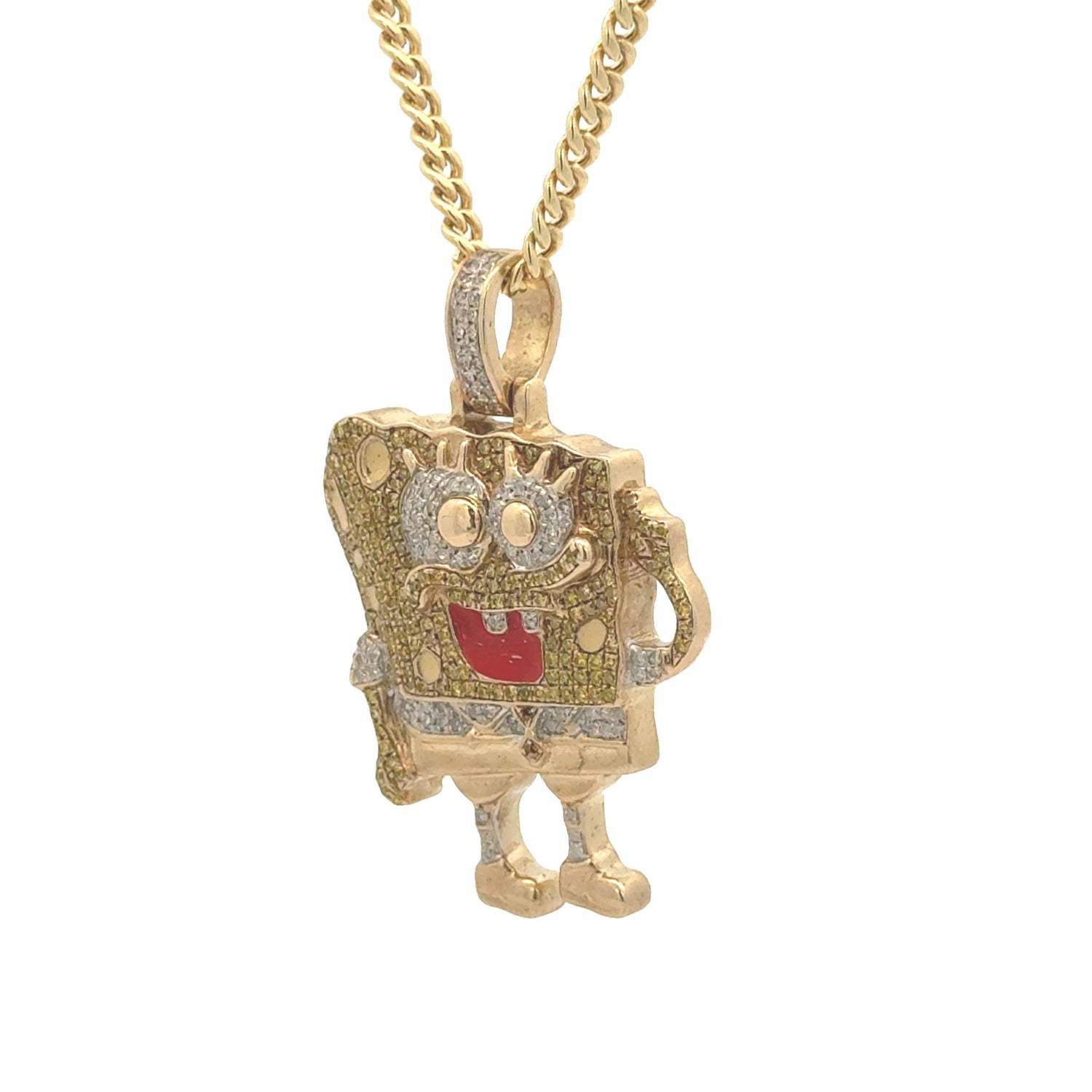 Yellow Gold and Diamond SpongeBob SquarePants Pendant and Yellow gold Cuban Chain