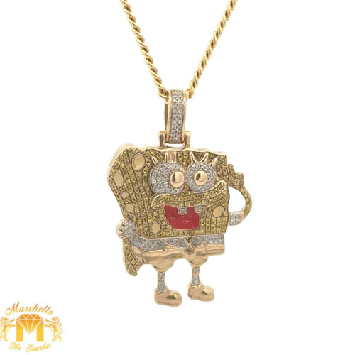 Yellow Gold and Diamond SpongeBob SquarePants Pendant and Yellow gold Cuban Chain