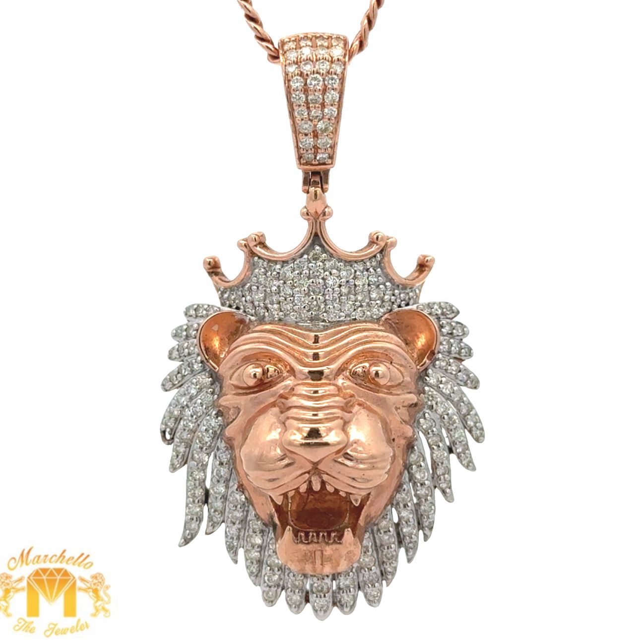 14k rose gold and Diamond Lion Pendant and 14k rose gold Cuban Chain