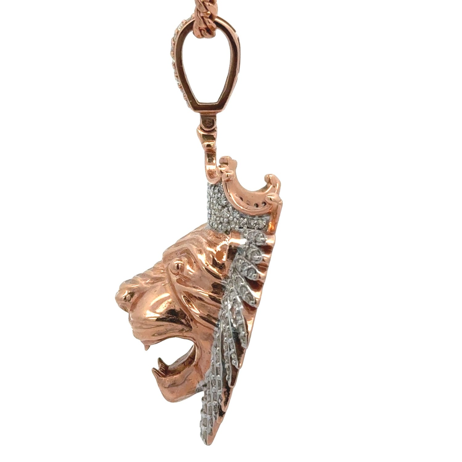 14k rose gold and Diamond Lion Pendant and 14k rose gold Cuban Chain