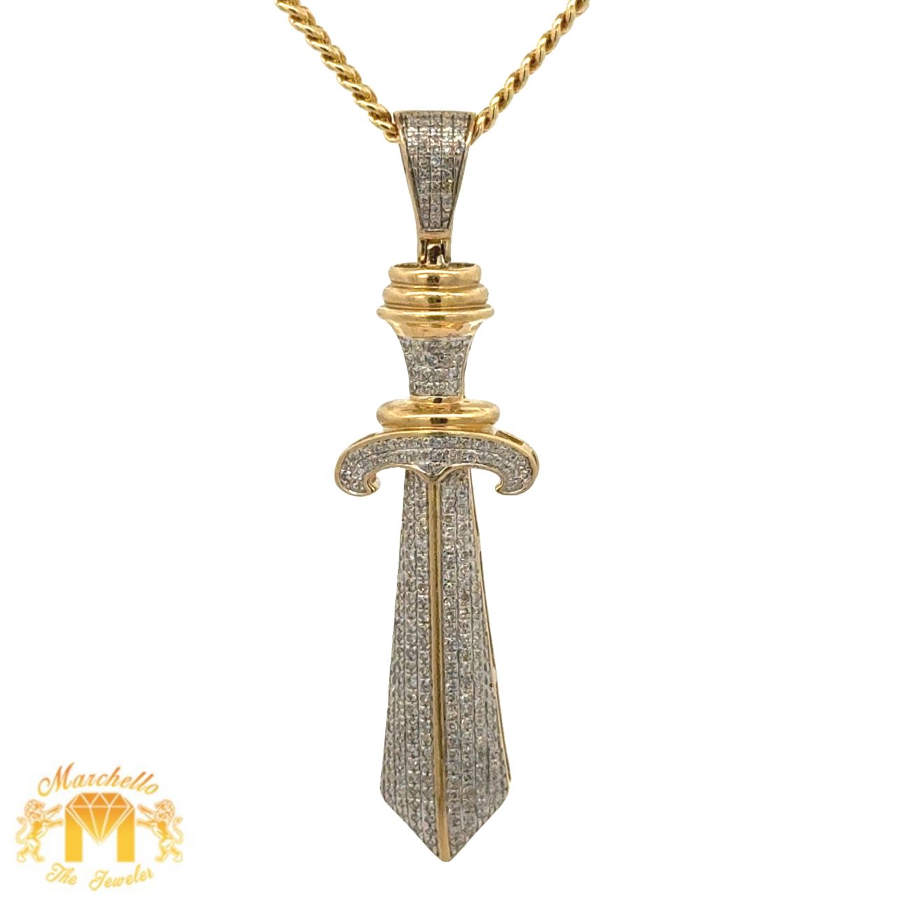 Yellow Gold and Diamond Sword Pendant and Yellow gold Cuban Chain