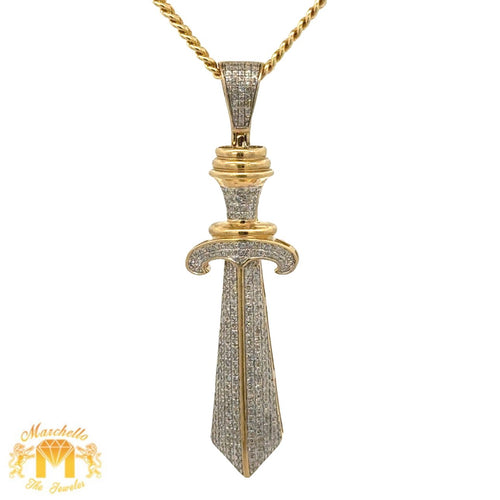 Yellow Gold and Diamond Sword Pendant and Yellow gold Cuban Chain