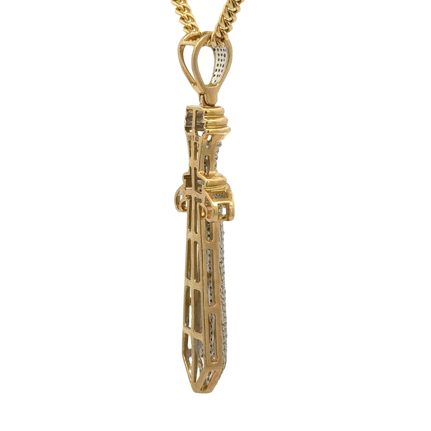 Yellow Gold and Diamond Sword Pendant and Yellow gold Cuban Chain