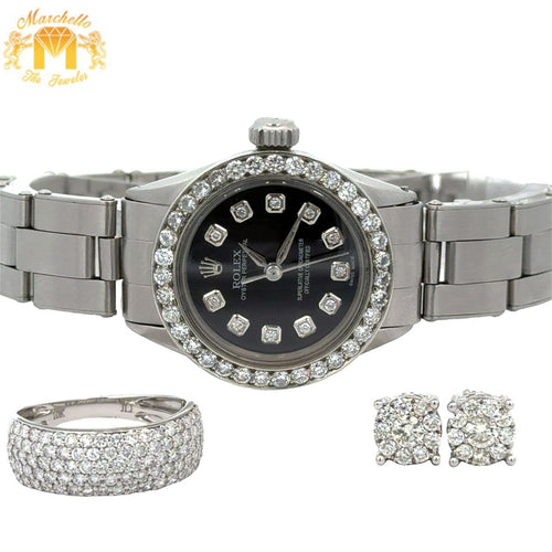 24mm Rolex with Stainless steel oyster band + White gold and diamond Band + 14k white gold and diamond Earrings + Gift
