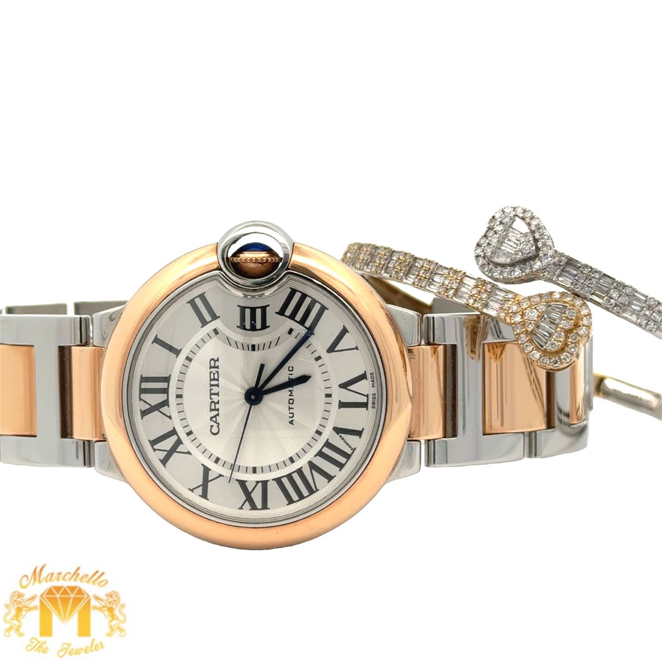 36mm Two-tone Cartier + 14k two-tone gold and diamond twin heart Bangle