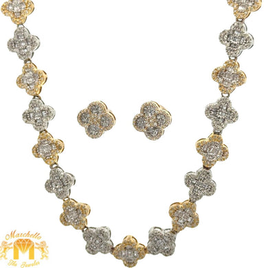 Two-tone Gold and diamond Clover shape Necklace and Yellow Gold and Diamond Earrings (Mother`s Day Special)