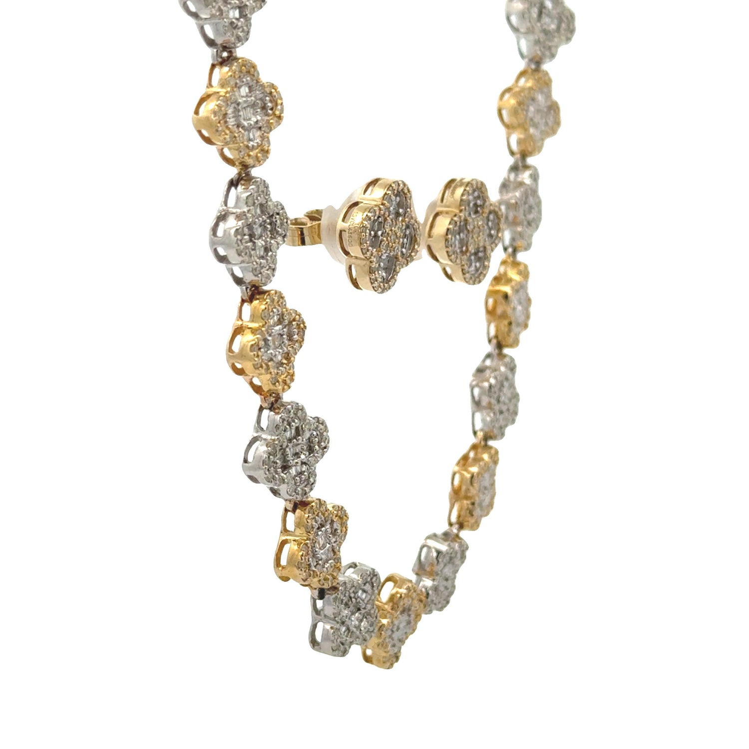 Two-tone Gold and diamond Clover shape Necklace and Yellow Gold and Diamond Earrings (Mother`s Day Special)