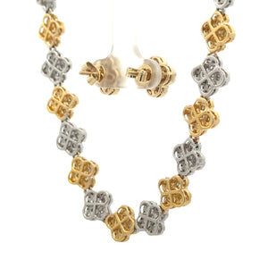 Two-tone Gold and diamond Clover shape Necklace and Yellow Gold and Diamond Earrings (Mother`s Day Special)