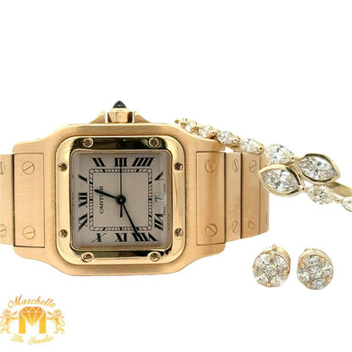 Full factory 29mm Cartier Watch + 14k Yellow Gold and Diamond Fancy Bangle + Earrings