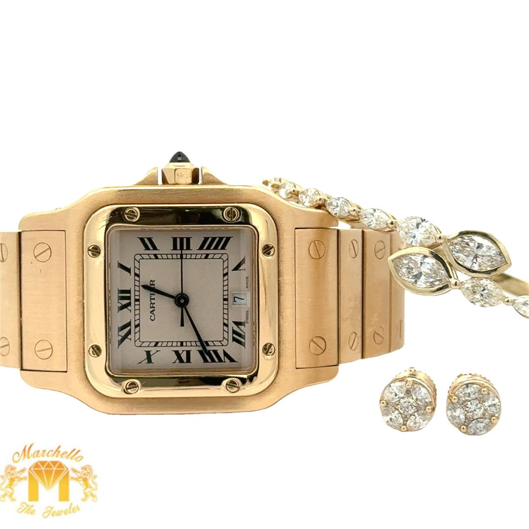 Full factory 29mm Cartier Watch + 14k Yellow Gold and Diamond Fancy Bangle + Earrings