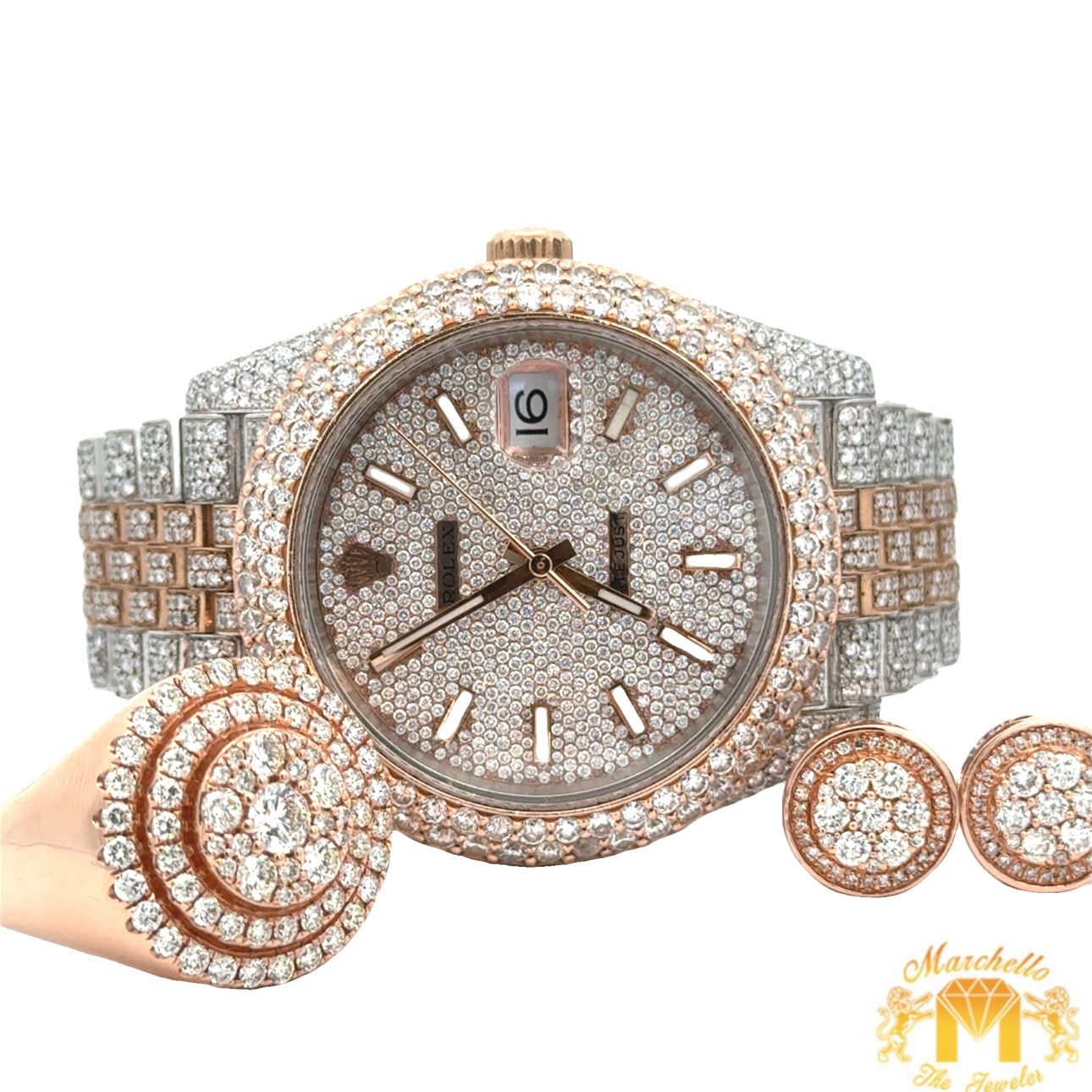 41mm Rolex Iced out Watch with two-tone jubilee band + 14k Rose Gold and diamond Ring + Earrings