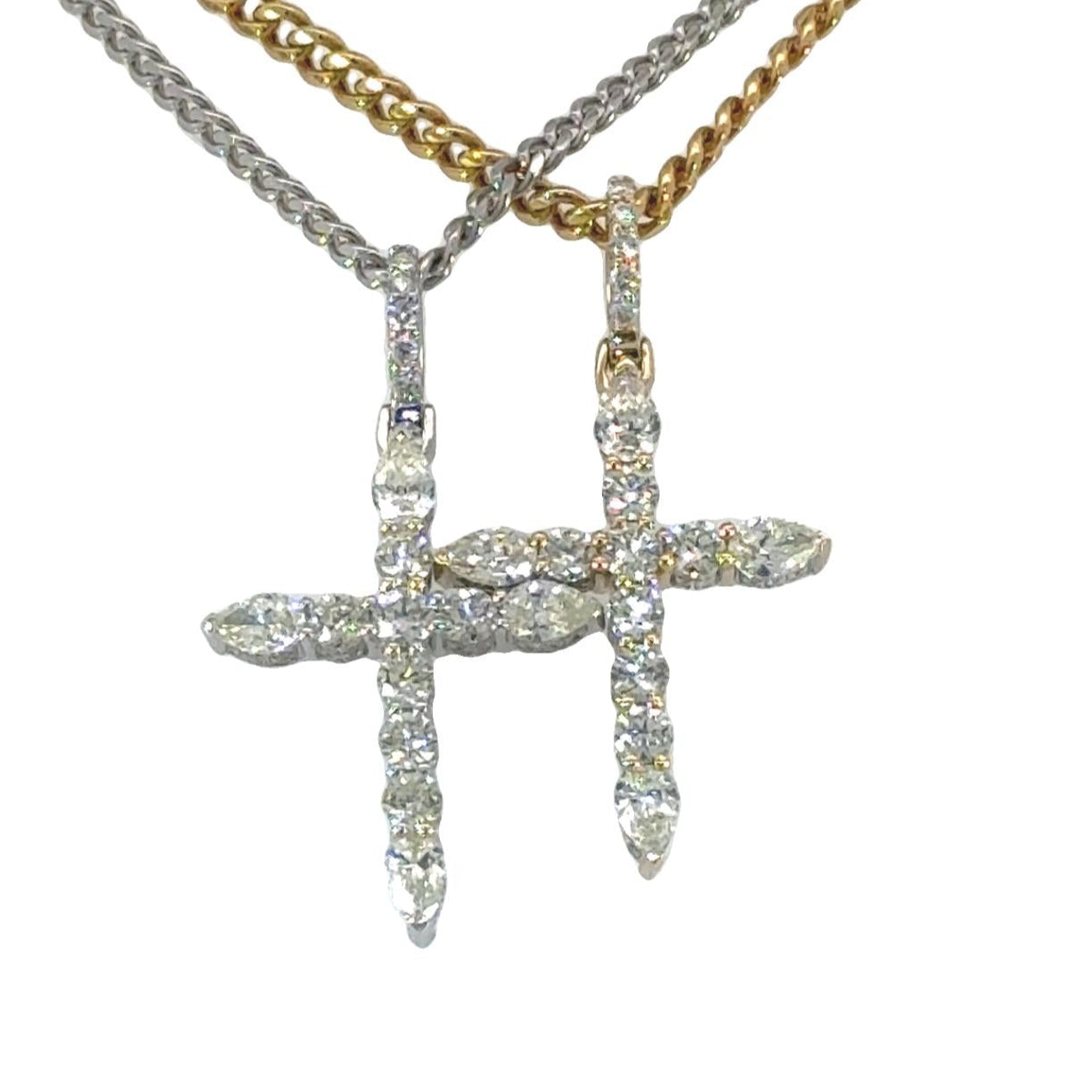 14k Gold Cross Pendant with Round and Pear Shape Diamonds and Gold Cuban Link Chain Set (choose your color)