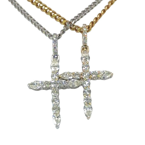 14k Gold Cross Pendant with Round and Pear Shape Diamonds and Gold Cuban Link Chain Set (choose your color)