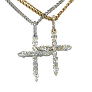 14k Gold Cross Pendant with Round and Pear Shape Diamonds and Gold Cuban Link Chain Set
