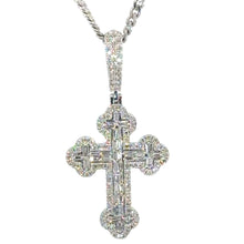Load image into Gallery viewer, 14k White Gold Solid Cross Pendant with Round and Baguette Diamond and Chain Set