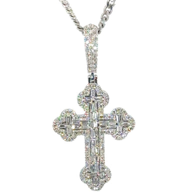 14k White Gold Solid Cross Pendant with Round and Baguette Diamond and Chain Set
