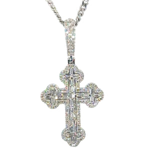 14k White Gold Solid Cross Pendant with Round and Baguette Diamond and Chain Set