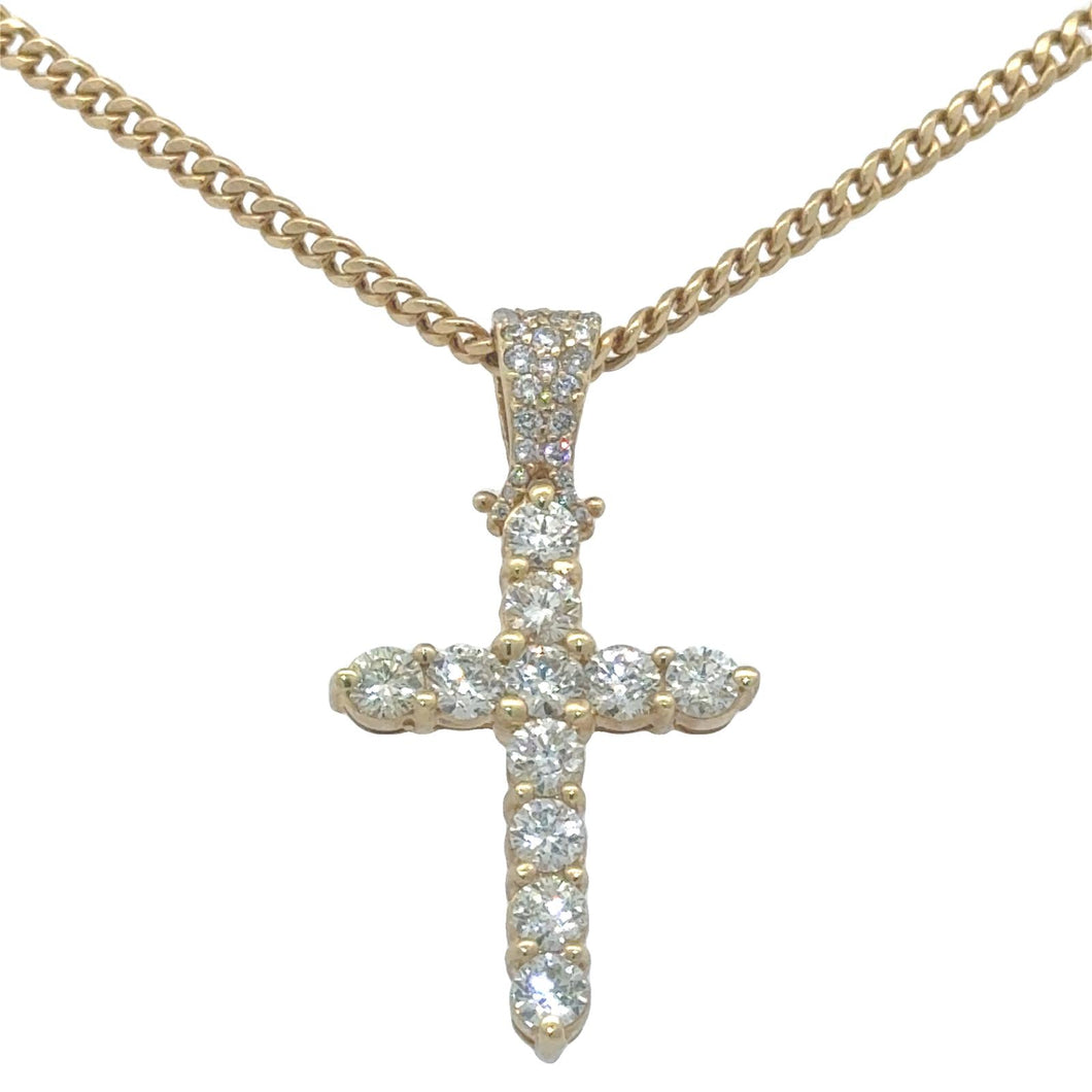 14k Gold Cross Pendant with Extra Large Round Diamonds and Gold Cuban Link Chain Set
