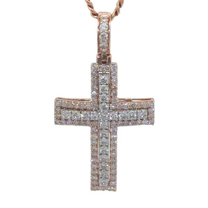 14k Rose Gold Cross Pendant with Round Diamonds and Gold Cuban Link Chain Set