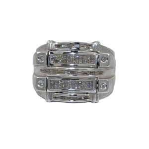 14k White Gold and Diamond Men's Ring with Princess and Baguette Cuts