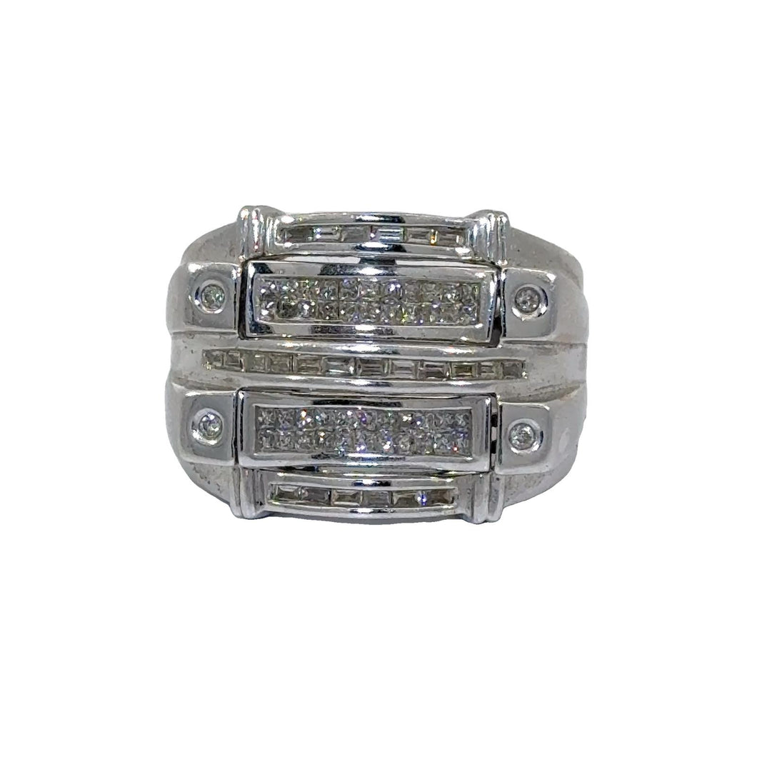 14k White Gold and Diamond Men's Ring with Princess and Baguette Cuts
