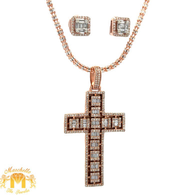 14k Rose Gold and Diamond Cross Pendant + 10k Rose Gold and Diamond Earrings