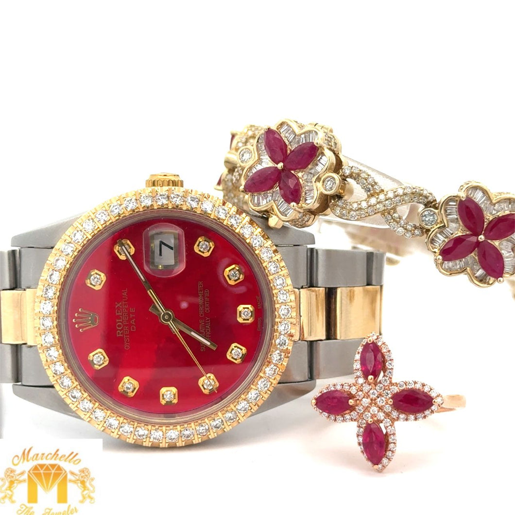 34mm Rolex Watch with two-tone gold oyster band + 14k yellow gold and diamond Bracelet + 18k gold and diamond Ring